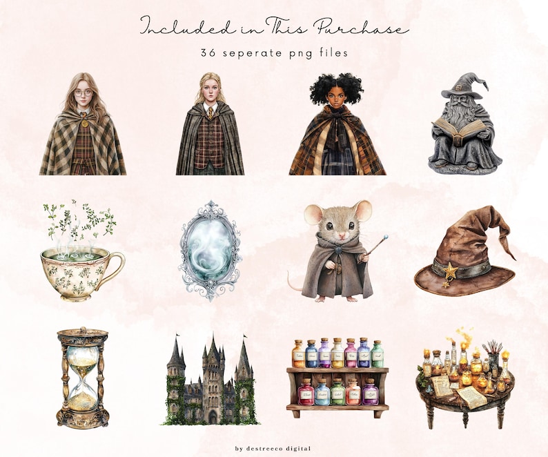Puede incluir: Un conjunto de 36 ilustraciones de acuarela que presentan una variedad de objetos y personajes m&aacute;gicos, incluyendo una bruja, un mago, una botella de poci&oacute;n, un castillo, una taza de t&eacute;, un rat&oacute;n y un reloj de arena. Las ilustraciones son perfectas para agregar un toque de magia a tus proyectos.