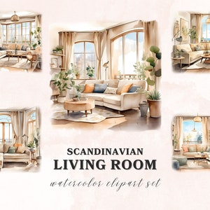 Scandinavian Living Room Watercolor Clipart, 16 PNG Clipart Bundle, Printable Graphics, Scrapbook Digital Download zdjęcie 2