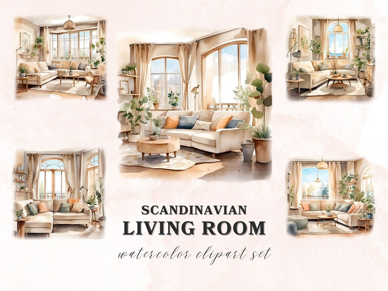 Scandinavian Living Room Watercolor Clipart, 16 PNG Clipart Bundle, Printable Graphics, Scrapbook Digital Download zdjęcie 2