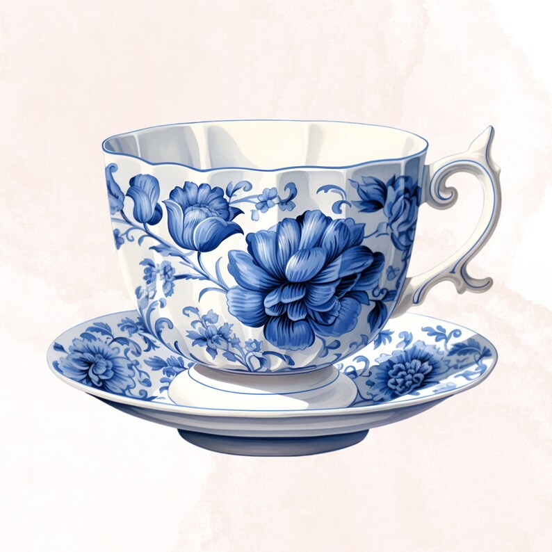 May include: A blue and white porcelain teacup and saucer with a floral design. The cup has a delicate handle and the saucer has a scalloped edge.