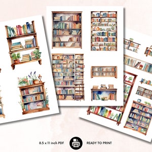 May include: Printable digital paper with watercolor illustrations of various bookcases filled with books. The paper is ready to print and measures 8.5 x 11 inches.