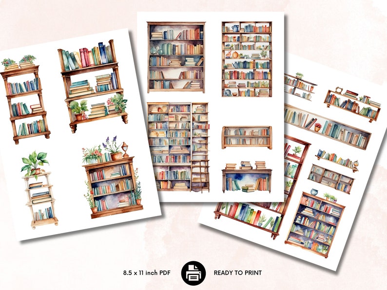 May include: Printable digital paper with watercolor illustrations of various bookcases filled with books. The paper is ready to print and measures 8.5 x 11 inches.