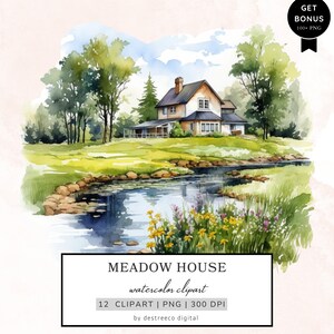 Könnte beinhalten: Aquarellgemälde eines Hauses in einer Wiese mit einem Fluss, der durch sie fließt. Das Haus ist weiß mit einem braunen Dach und hat eine Veranda. Auf beiden Seiten des Hauses stehen Bäume und am Flussufer wachsen Blumen.