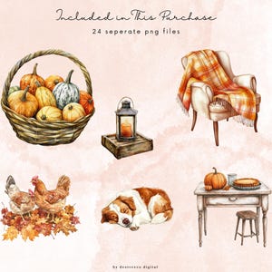May include: Watercolor illustration featuring a basket of pumpkins, a lantern, a cozy armchair with a plaid blanket, chickens, a sleeping dog, and a table with a pumpkin and pie. Text reads "Included in This Purchase" and "24 separate png files."