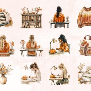 May include: A watercolour illustration set featuring a variety of autumnal elements, including a bookshelf, a backpack, a jumper, a vase of flowers, and several women sitting at desks with pumpkins and lamps. The illustrations are in warm tones of orange, brown, and yellow.