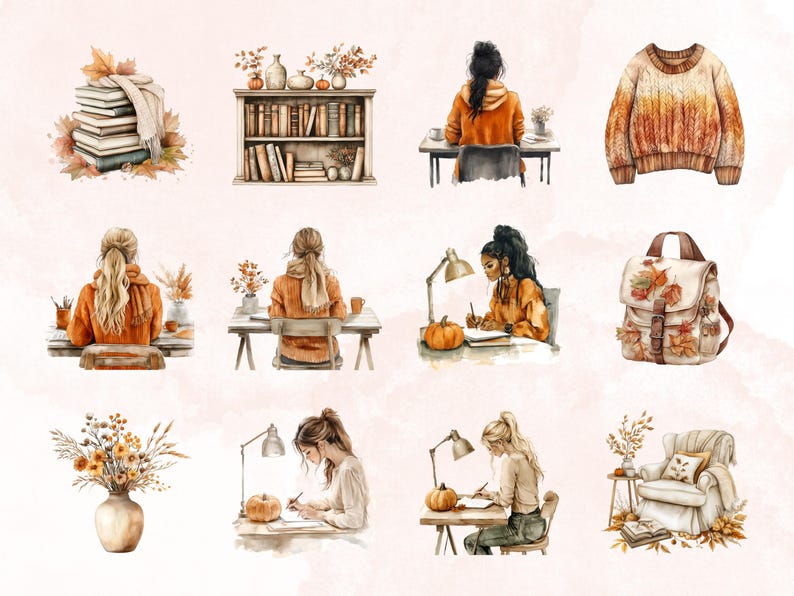 May include: A watercolour illustration set featuring a variety of autumnal elements, including a bookshelf, a backpack, a jumper, a vase of flowers, and several women sitting at desks with pumpkins and lamps. The illustrations are in warm tones of orange, brown, and yellow.
