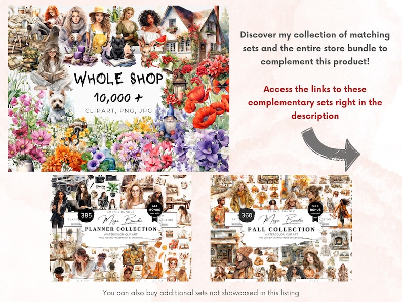 May include: A digital illustration of a watercolour clipart collection for planners. The collection includes 385 images and is called "Planner Collection". The collection features images of women, flowers, and autumn-themed items. The collection also includes 360 images and is called "Fall Collection".