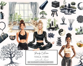 Paquete de imágenes prediseñadas de yoga, imágenes PNG de yoga en acuarela negra, imágenes prediseñadas para amantes del yoga, imágenes prediseñadas de meditación, imágenes prediseñadas de loto, imágenes PNG de autocuidado, imágenes JPG de relajación y fitness