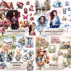 May include: A digital illustration set of watercolor spring clip art featuring a variety of images, including flowers, a bicycle, a house, a tent, a duck, a rabbit, a girl wearing a raincoat, a girl wearing a denim jacket, a girl wearing a hat, and a couple holding hands. The set includes 25 clip art images in the Burgundy collection and 20 clip art images in the Rainy collection. The Denim Love Spring collection includes 12 clip art images. All images are PNG format, 300 DPI, and have a transparent background.