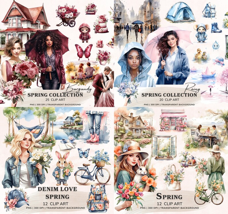 May include: A digital illustration set of watercolor spring clip art featuring a variety of images, including flowers, a bicycle, a house, a tent, a duck, a rabbit, a girl wearing a raincoat, a girl wearing a denim jacket, a girl wearing a hat, and a couple holding hands. The set includes 25 clip art images in the Burgundy collection and 20 clip art images in the Rainy collection. The Denim Love Spring collection includes 12 clip art images. All images are PNG format, 300 DPI, and have a transparent background.