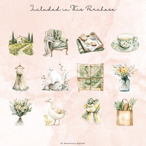 May include: Watercolor illustrations of various items, including a house, chair with blanket, tea set, dress, cat, map, flowers, bouquet, duck, scarf, and shopping bag. The text "Included in This Purchase" is at the top.