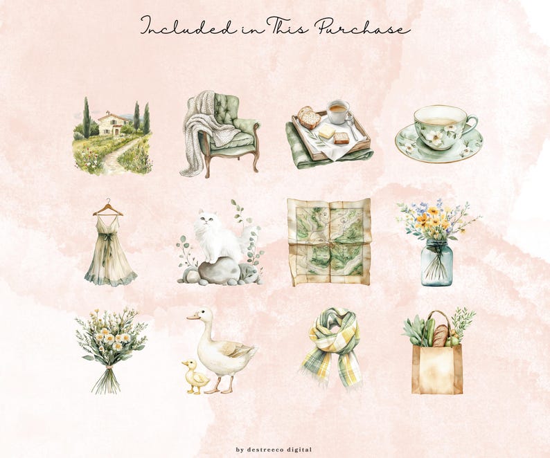 May include: Watercolor illustrations of various items, including a house, chair with blanket, tea set, dress, cat, map, flowers, bouquet, duck, scarf, and shopping bag. The text "Included in This Purchase" is at the top.
