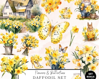 May include: A set of 24 watercolor clipart images featuring daffodils, butterflies, and other spring-themed elements. The images include a cottage, a gnome, a rabbit, and a variety of daffodil arrangements. The images are perfect for creating spring-themed crafts, cards, and invitations.