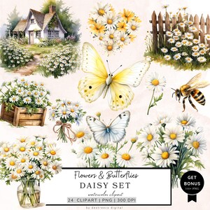 Marguerites et papillon Clipart, Clipart Daisy, fleurs Png, Cottagecore Clipart, Png Floral, Clipart aquarelle imprimable, téléchargement numérique