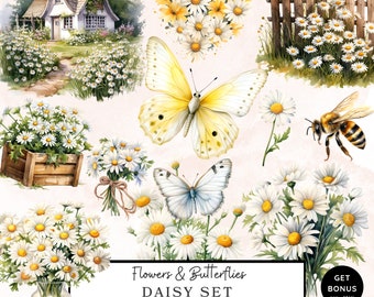 May include: A set of 24 watercolor clipart images featuring daisies, butterflies, and a bee. The images are perfect for crafting, scrapbooking, and digital design projects. The set includes a variety of daisy arrangements, butterflies in flight, and a bee with wings spread.