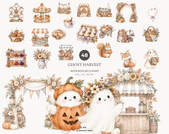 Pacchetto di clipart di fantasmi ad acquerello, immagini PNG di Halloween, grafica per festival autunnali - 634
