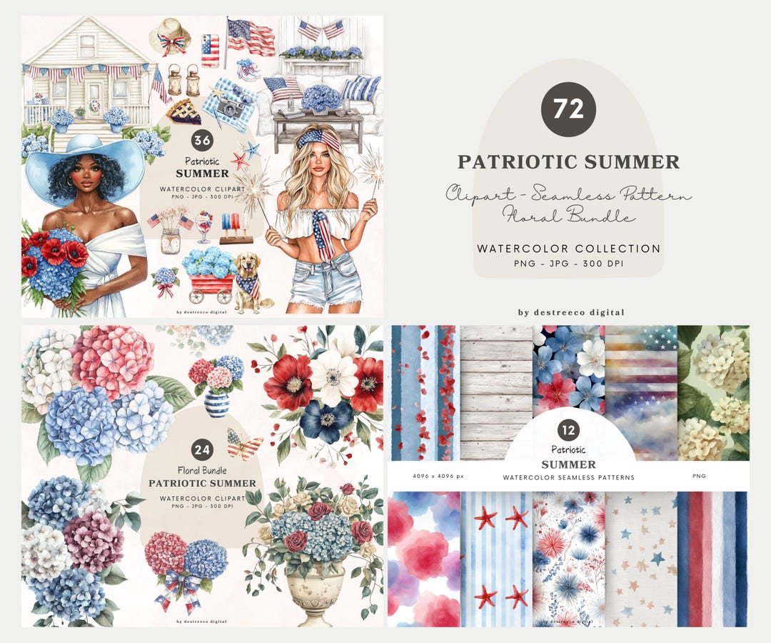 Watercolor Patriotic Summer Clipart, 4th of July Day Png, Neutral ...