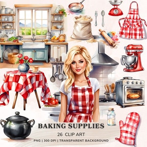 Pacote de clipart de suprimentos para cozimento em aquarela, Baker Girl Cooking Png, utensílios de cozinha, clipart de comida de padaria, adesivos digitais, álbum de recortes
