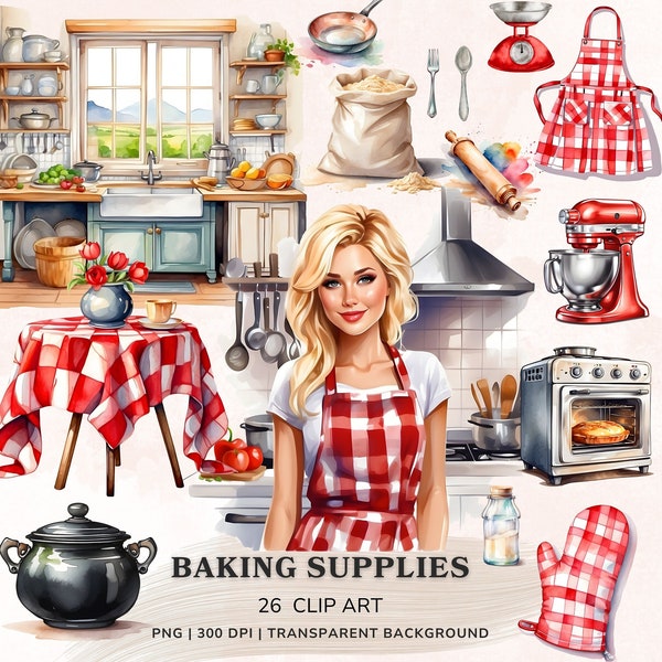 Watercolor Baking Supplies Clipart Bundle, Baker Girl Cooking Png, Kitchen Utensils, Bakery Food Clipart, Digital Stickers, Scrapbook