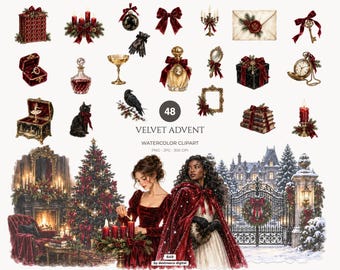 Gothic Christmas Clipart, Dark Victorian Watercolor PNG, Holiday Graphics - 649
