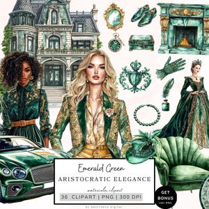 Clipart di eleganza aristocratica, Clipart di estetica di lusso, Grafica di moda, Bundle di clipart di acquerelli, Grafica vintage, Download digitale