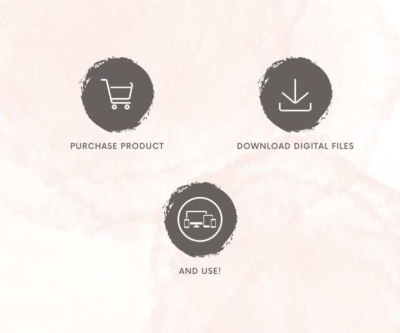 May include: Three gray circles with white icons and text. The first circle shows a shopping cart icon with the text "PURCHASE PRODUCT". The second circle shows a download arrow icon with the text "DOWNLOAD DIGITAL FILES". The third circle shows a computer monitor and two mobile phones with the text "AND USE!"