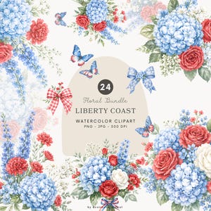 May include: Watercolor clipart floral bundle featuring blue hydrangeas, red roses, and blue butterflies. The design includes bows and the text "Liberty Coast". The image is labeled as a "Floral Bundle" with 24 elements.