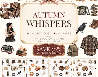 Pacchetto di clipart autunnali, immagini PNG ad acquerello autunnali, clipart di Halloween con fantasmi, zucche e streghe, download digitale.