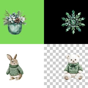 May include: A watercolor illustration of a winter scene with a green pot of white flowers, a snowflake, a brown rabbit wearing a green sweater, and a white teddy bear wearing a green sweater.