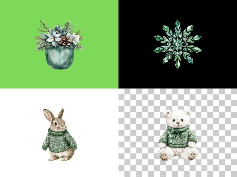 May include: A watercolor illustration of a winter scene with a green pot of white flowers, a snowflake, a brown rabbit wearing a green sweater, and a white teddy bear wearing a green sweater.