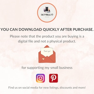 Puede incluir: Un fondo de acuarela rosa y blanco con texto que dice "YOU CAN DOWNLOAD QUICKLY AFTER PURCHASE. Please note that the product you are buying is a digital file and not a physical product. Thank you! for supporting my small business Find us on social media for new listings, discounts and more!" Hay un sobre rojo con una nota blanca dentro que dice "Thank you!" y un peque&ntilde;o coraz&oacute;n en el sobre. Tambi&eacute;n hay iconos para Instagram y Pinterest.