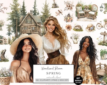 May include: A digital illustration set of 36 watercolor clipart images featuring a rustic cabin, three women, flowers, a hedgehog, a bird, a watering can, a wooden bridge, a bicycle, and other spring-themed elements. The text "Woodland Bloom Spring Watercolor Clipart 36 Clipart | PNG | 300 DPI by destreeco digital GET BONUS 100+ PNG" is included in the image.