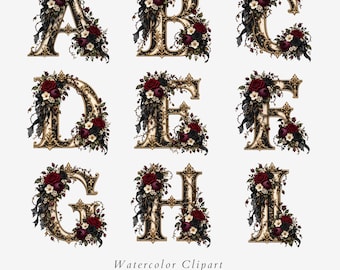 Gothic Romance Alphabet Clipart, Dark Floral Monogram, 26 Letter PNG Set - 661