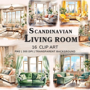 Scandinavian Living Room Watercolor Clipart, 16 PNG Clipart Bundle, Printable Graphics, Scrapbook Digital Download zdjęcie 1