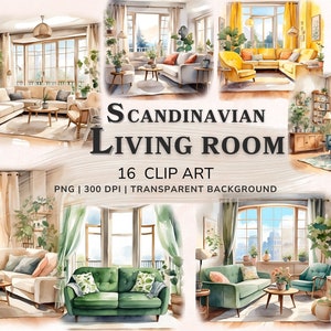 Salon scandinave des cliparts aquarelle, 16 PNG Clipart Bundle, graphiques imprimables, album en téléchargement numérique