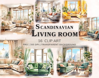 Salon scandinave des cliparts aquarelle, 16 PNG Clipart Bundle, graphiques imprimables, album en téléchargement numérique