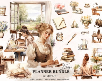 Planificateur beige aquarelle fille Clipart, clipart planification, Journal Png esthétique, planification confortable rustique, amour planner des cliparts téléchargement autocollants
