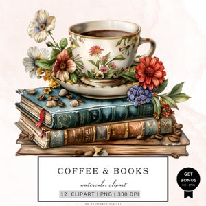 Clipart di caffè e libri ad acquerello, Clipart di caffè floreale, Libro vintage, Clipart di tazza di caffè, Riviste spazzatura, Supporti misti, Download digitale