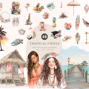 Op de afbeelding: Watercolor clipart set met een tropisch thema, met illustraties van een tiki-masker, ananas, bloemen, een schildpad, een hut en twee vrouwen. De tekst "TROPICAL FIESTA" wordt weergegeven. De afbeelding is in PNG-formaat.