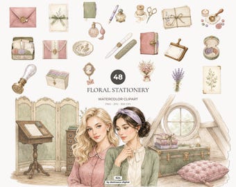 Pacchetto di clipart Coquette, carta da lettere ad acquerello in formato PNG, lettere floreali vintage, grafica romantica su carta