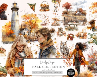 Watercolor Autumn Clipart, Fall Windy Days Png Bundle, Cozy Autumn, Fall Clipart, Cottagecore Png, Pumpkin, Commercial Use, Digital Download