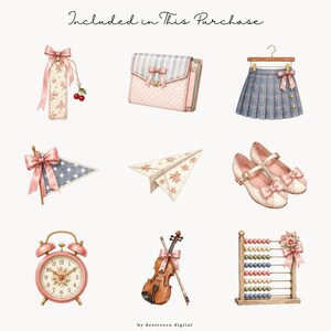 May include: A digital illustration set featuring a floral bookmark with a cherry charm, a striped wallet, a pleated skirt on a hanger, a polka dot pennant, a floral paper airplane, Mary Jane shoes, a pink alarm clock, a violin, and an abacus.