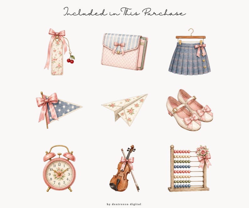 May include: A digital illustration set featuring a floral bookmark with a cherry charm, a striped wallet, a pleated skirt on a hanger, a polka dot pennant, a floral paper airplane, Mary Jane shoes, a pink alarm clock, a violin, and an abacus.