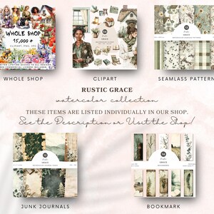 May include: A digital collection of watercolor illustrations in a rustic style. The collection includes clipart, seamless patterns, junk journal papers, and bookmarks. The illustrations feature a cottage, flowers, leaves, and other nature-inspired elements.