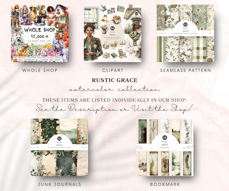 May include: A digital collection of watercolor illustrations in a rustic style. The collection includes clipart, seamless patterns, junk journal papers, and bookmarks. The illustrations feature a cottage, flowers, leaves, and other nature-inspired elements.