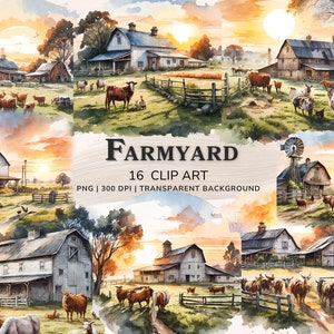 Ferme au lever du soleil des cliparts, Bundle de cliparts aquarelle de basse-cour, 16 dessins de ferme de Tshirt Png, graphiques imprimables, album numérique