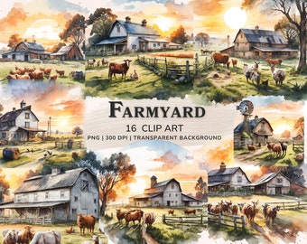 Könnte beinhalten: Eine Aquarell-Illustration einer Bauernhofszene mit einem roten Scheunen, einer Windmühle und Kühen. Die Illustration ist vor einem Sonnenuntergangshimmel mit Wolken platziert. Der Text "Farmyard 16 Clip Art PNG | 300 DPI | Transparent Background" ist in der Mitte des Bildes geschrieben.