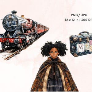 Puede incluir: Una ilustraci&oacute;n de acuarela de un tren vintage, una joven que lleva una capa a cuadros y una maleta con un dise&ntilde;o floral. El tren es rojo y negro con la palabra "Bristol" en el lateral. La maleta es negra con detalles dorados y tiene una variedad de sellos coloridos.