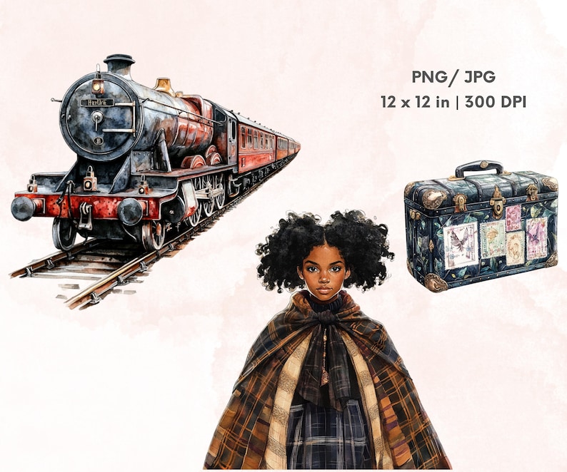 Puede incluir: Una ilustraci&oacute;n de acuarela de un tren vintage, una joven que lleva una capa a cuadros y una maleta con un dise&ntilde;o floral. El tren es rojo y negro con la palabra "Bristol" en el lateral. La maleta es negra con detalles dorados y tiene una variedad de sellos coloridos.
