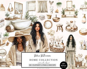 Watercolor Boho Bath Clipart, Cozy Cottagecore Clipart, Boho Life Png Bundle, Bohemian Clipart, Bathtub, Basket, Plants, Planner Girl Png